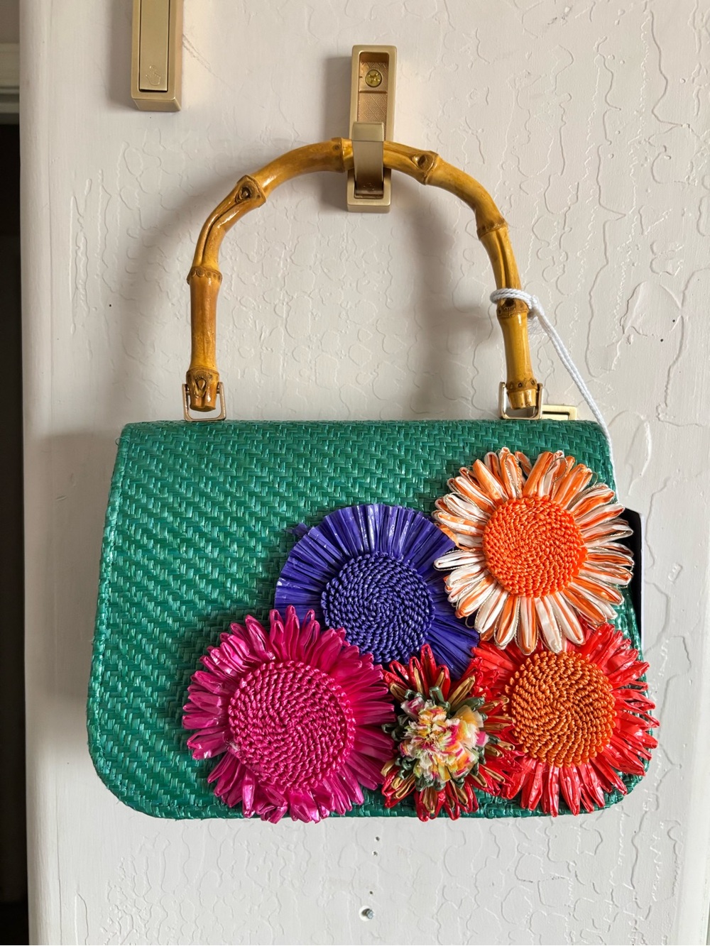 NWT Haute Hippie Green Woven Floral Appliqué Top-wood Handle Bag and gold chain
